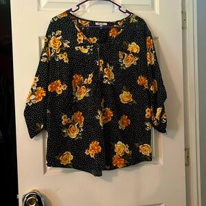 MPH blouse Black, w spots and colored flowers. Size 1X